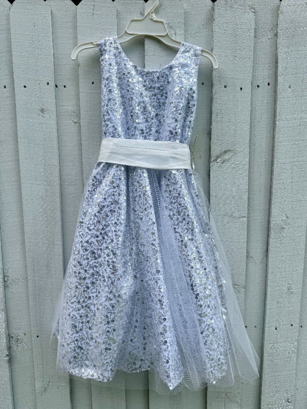 Girls Silver Sequin Dress with White Sash and Tulle Overlay